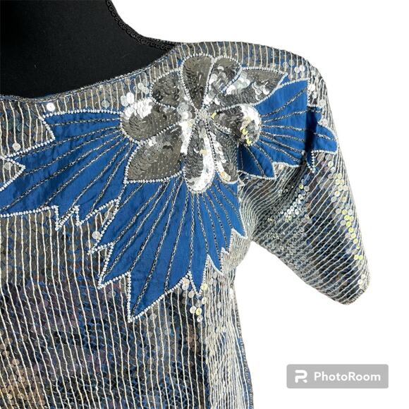 Vintage 80s Joseph le Bon Silver Blue Sequin Silk Short Sleeve Blouse Size Med - Picture 2 of 9